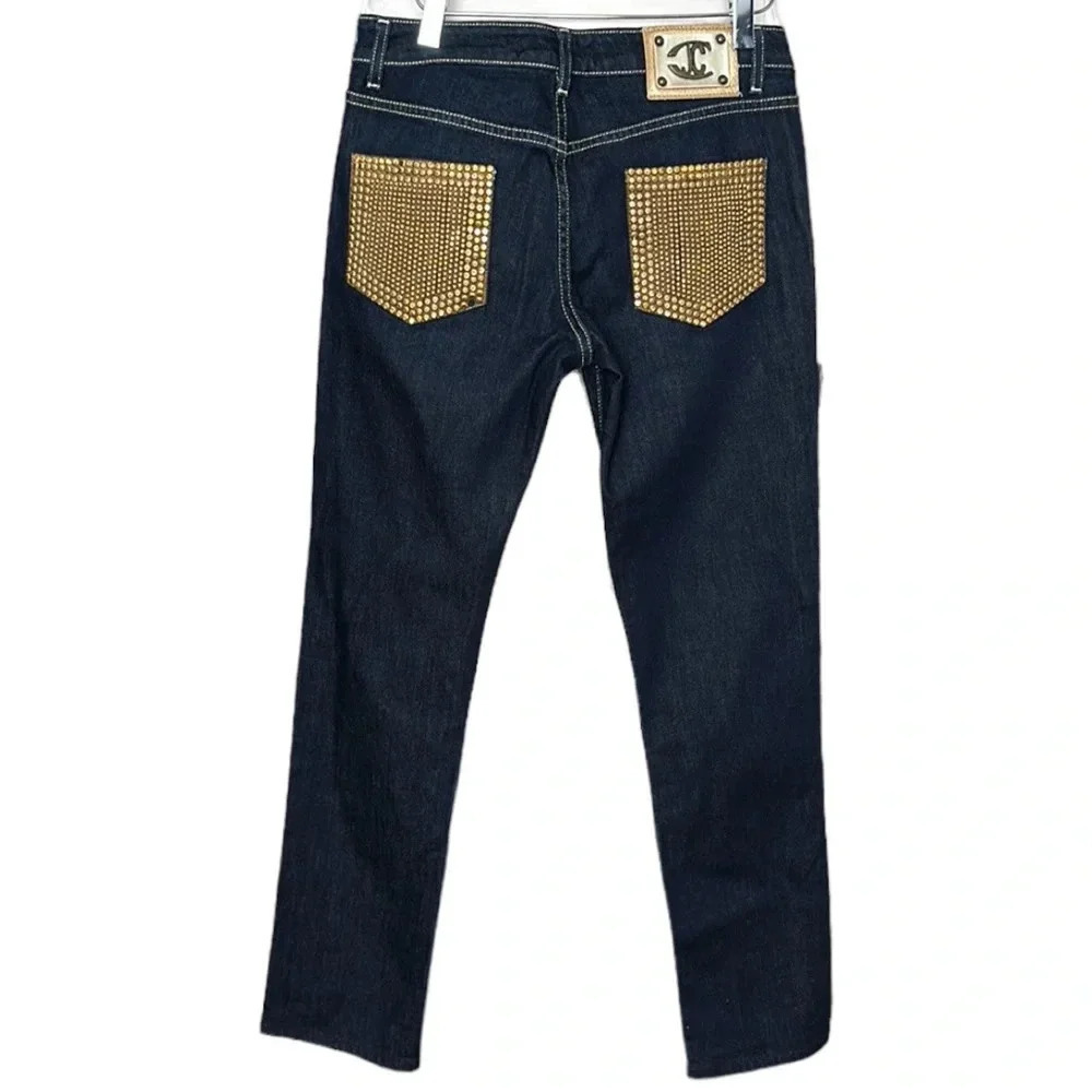 JUST CAVALLI Y2K Jeans Dark Wash Gold Studded Slim Mid Rise Size‎ 28 Rocker Glam